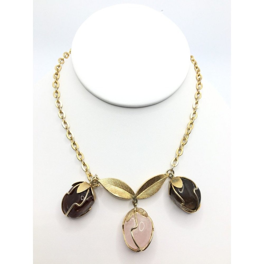Vtg Quartz Caged Wire Wrapped Triple Pendant Gold Tone Chain Necklace Kumquat